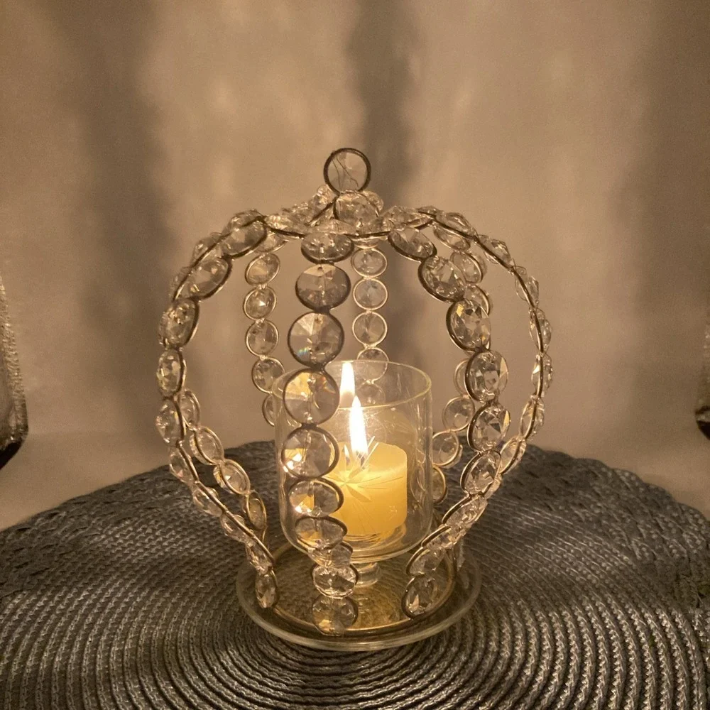 Crown Shaped Candle Holder Silver Toned Metal With Crystal Beads Etched Glass - Picture 2 of 6